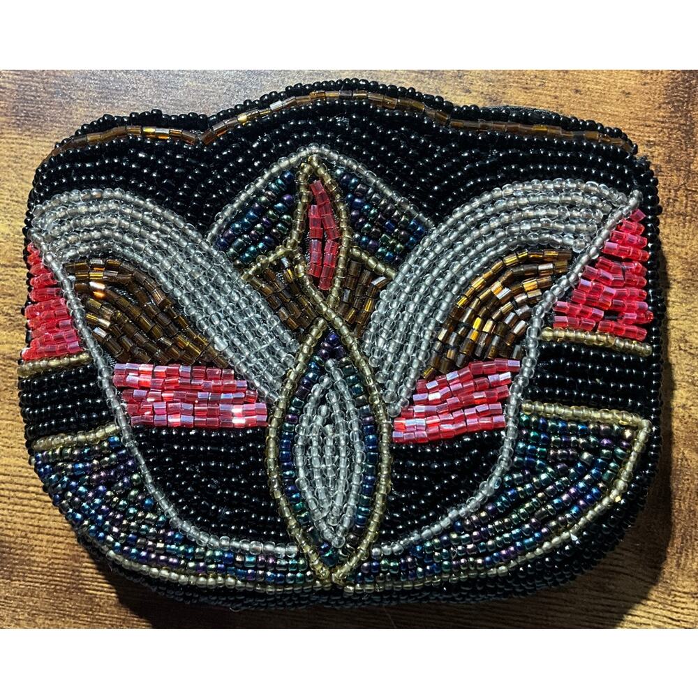Beautiful Vintage Hand Beaded Coin Purse Zip Up Black Amber Multicolor